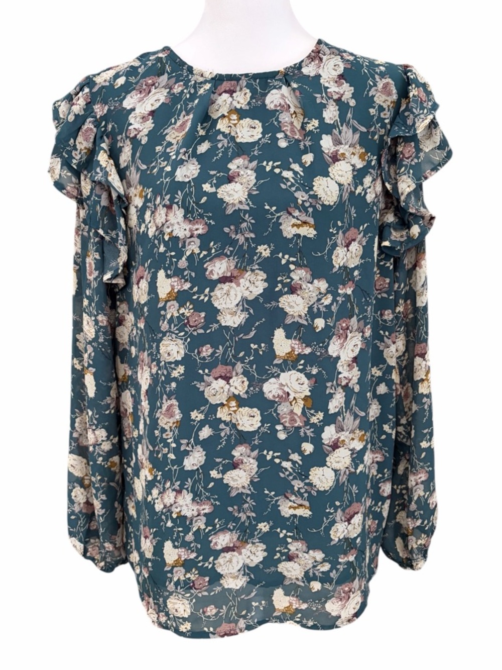 Hayden Los Angeles Teal Floral Blouse Ruffle Spring Cottagecore Romantic Medium - Picture 2 of 7